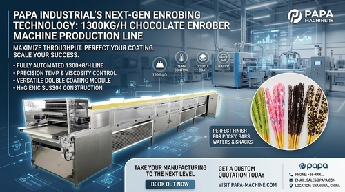 Het laatste nieuws van het bedrijf over Papa Industrial lanceert dubbele chocolade-overtrekmachine met hoge capaciteit van 1300 kg/u